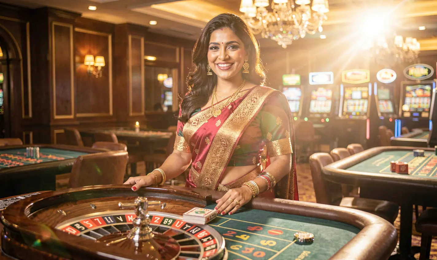 Professional casino dealer smiling confidently with a roulette wheel behind her representing high quality live casino entertainment and bonuses at 92OK in Bangladesh
