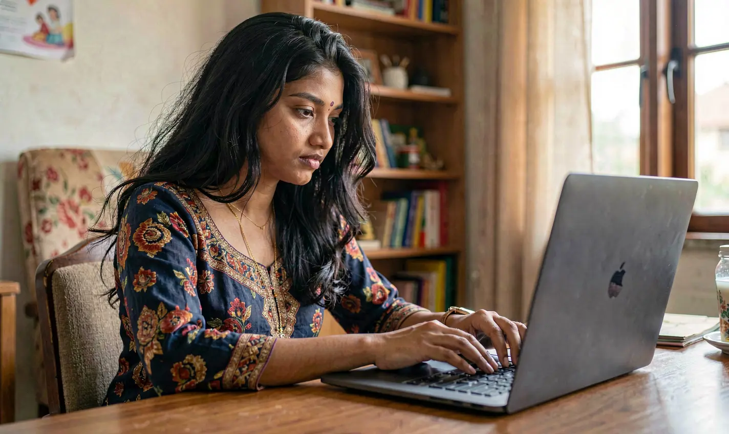 Bangladeshi woman playing online casino games on a laptop in a cozy home setting showcasing immersive gaming on 92OK