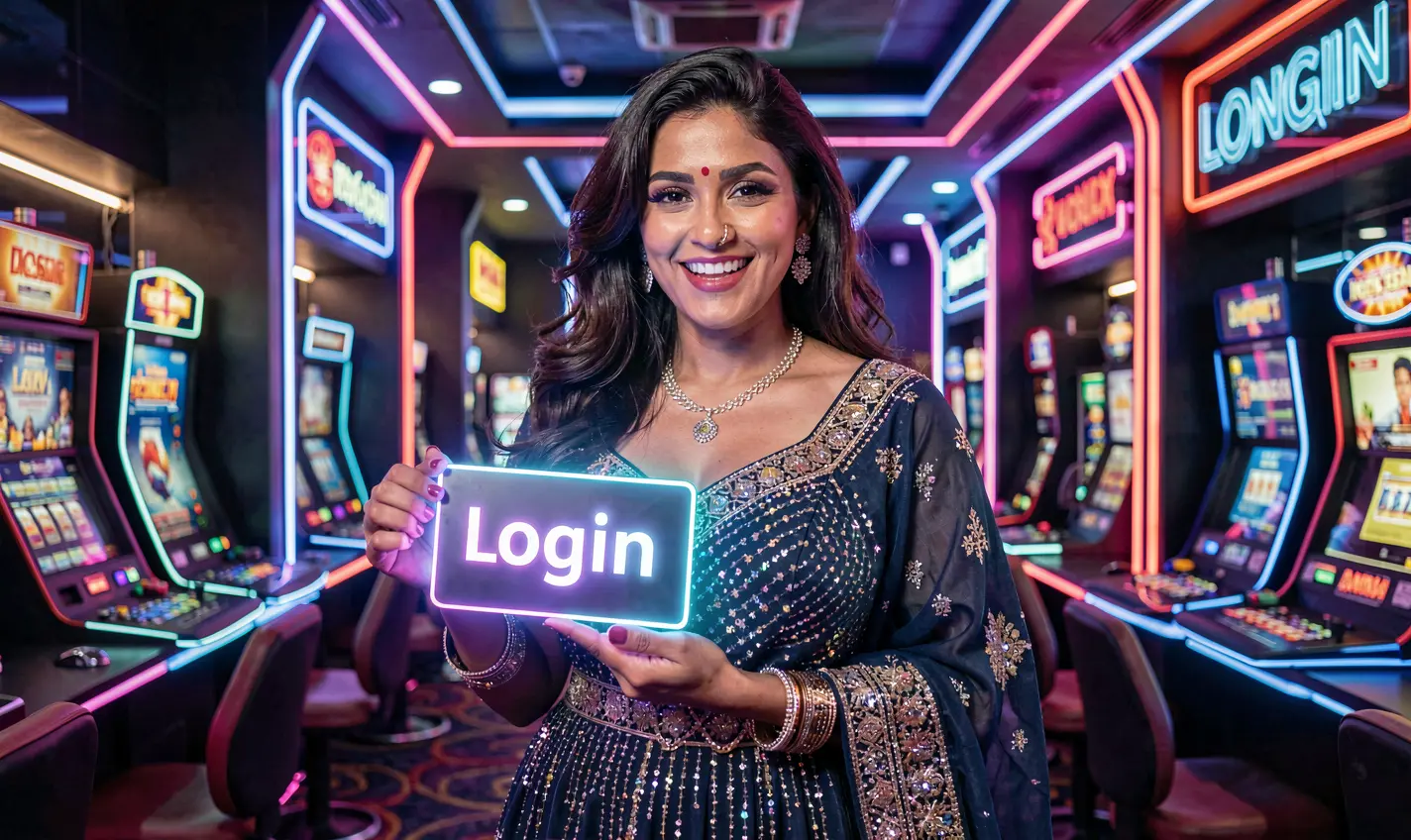 Elegant Bangladeshi woman holding a glowing login card in a futuristic casino environment representing secure access at 92OK