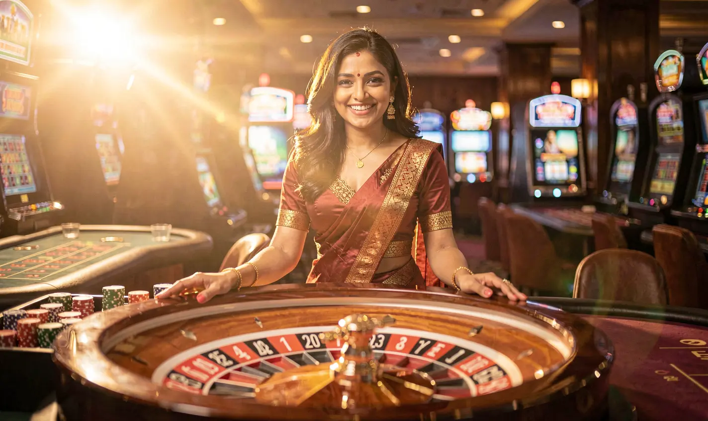 Stylish live casino dealer at a glowing roulette table creating an immersive gambling atmosphere offered by 92OK for players in Bangladesh