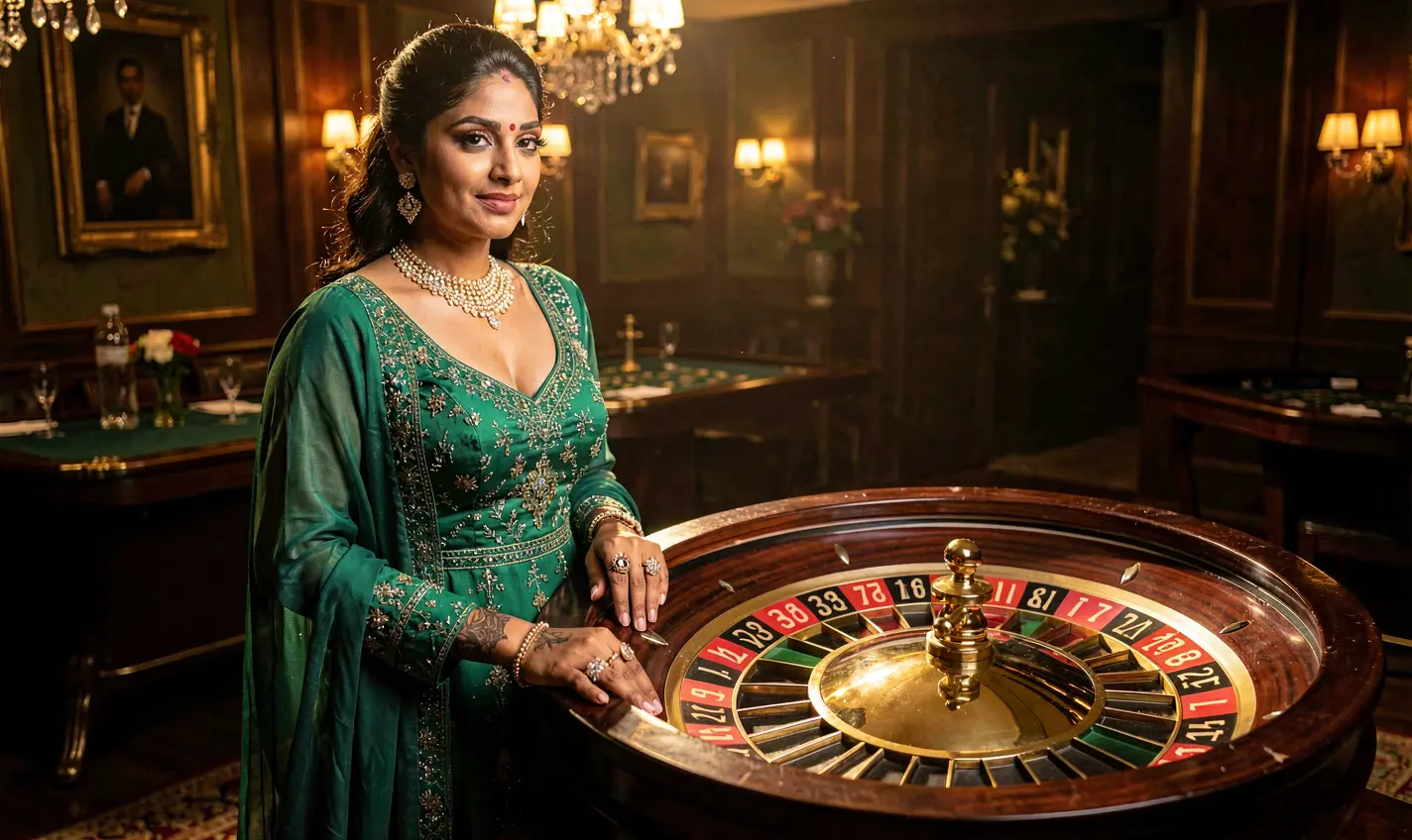Elegant woman in a luxury green dress posing by a bright roulette wheel inside the vibrant casino world of 92OK in Bangladesh