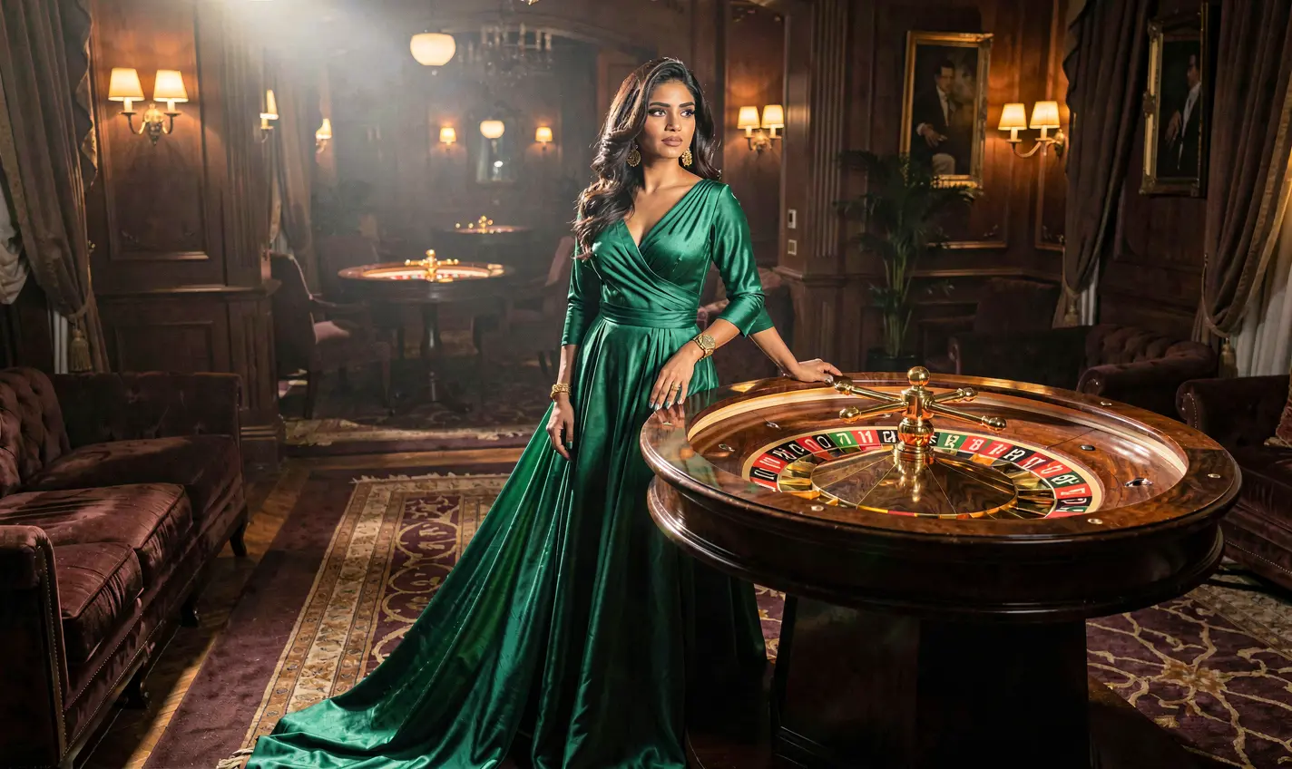 Stylish casino atmosphere with a glamorous woman and a roulette wheel highlighting the premium gaming experience at 92OK for players in Bangladesh
