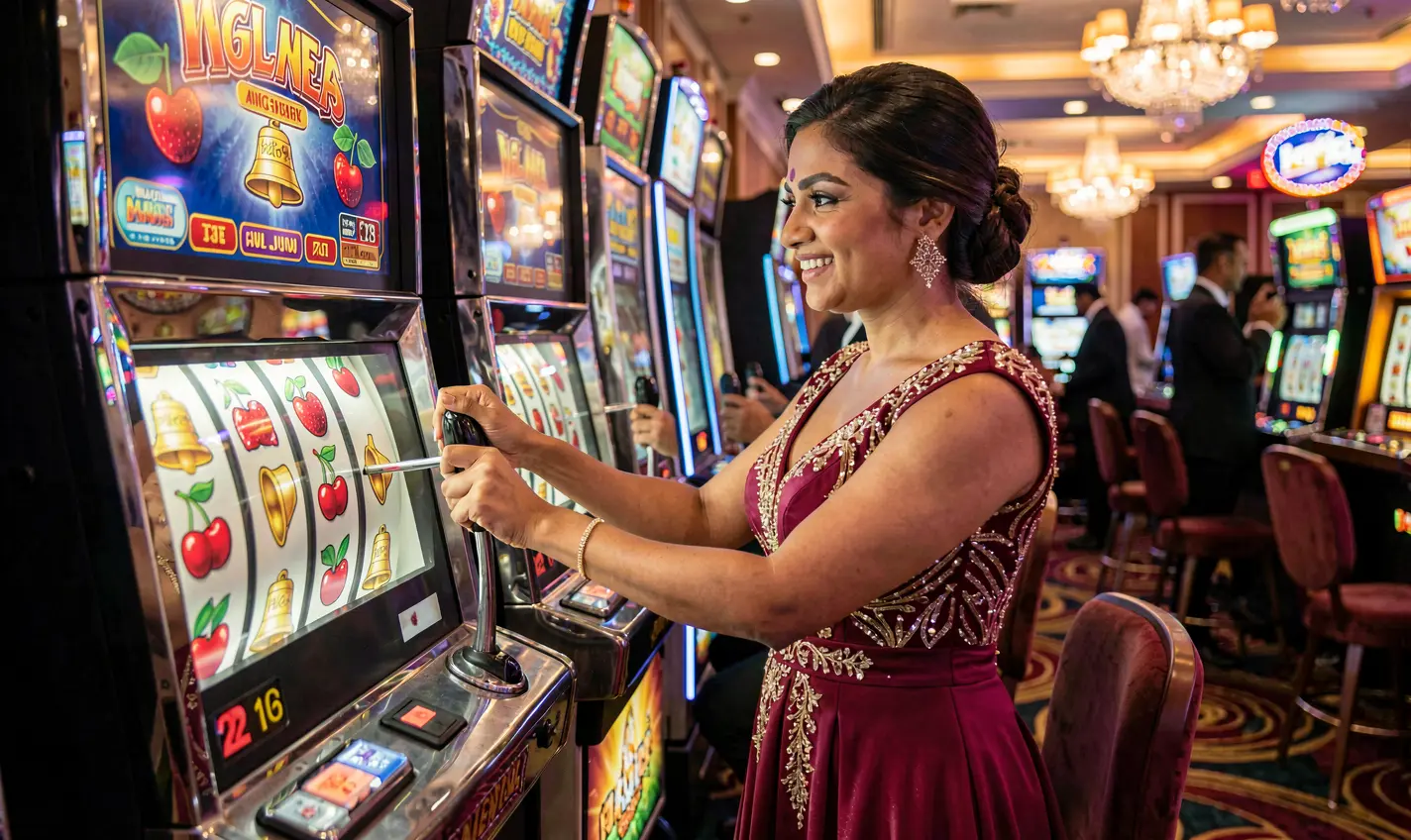 Confident Bangladeshi woman in an elegant evening dress playing a glowing slot machine with cherries and bells at 92OK Casino creating a premium gaming atmosphere